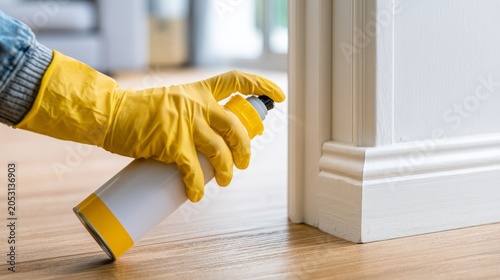 Close-up of insecticide spray applied to interior corners, targeting hidden areas for cockroach control.
