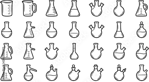 Foto Black and White Line Art Icons of Various Laboratory Glassware