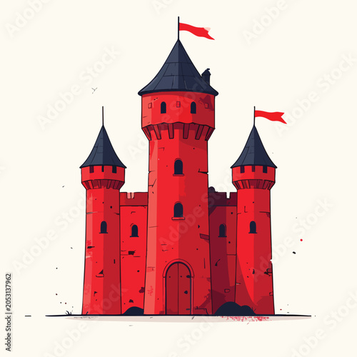 Stylized Red Medieval Castle Illustration with Towers.