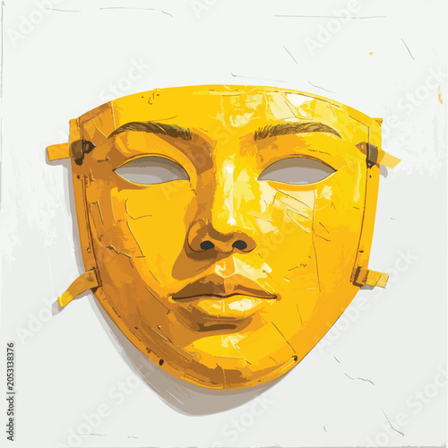 A vibrant yellow theatrical face mask on a plain white surface.