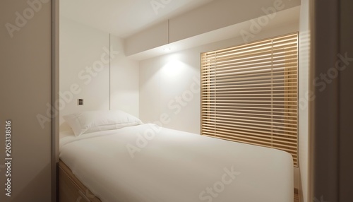 Minimalist modern bedroom interior with a single bed, white bedding, and wooden window blinds in a cozy, compact space