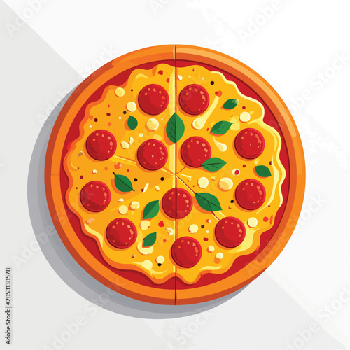 Top view of a flat illustration of a pepperoni pizza with fresh basil leaves on a white background.