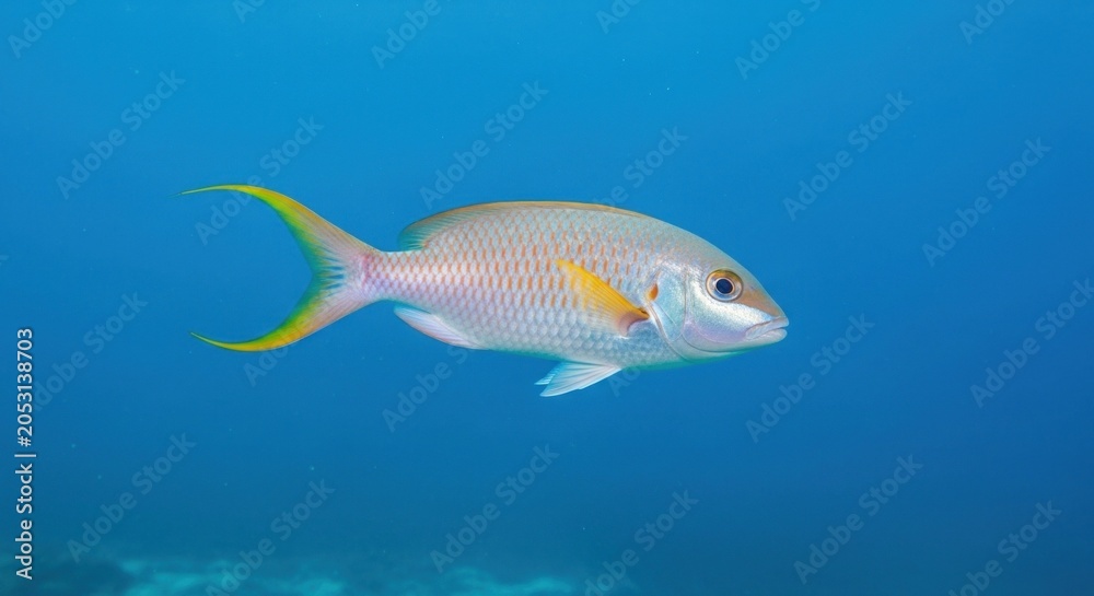 Fototapeta premium A colorful fish swimming in clear blue water with a blue background.