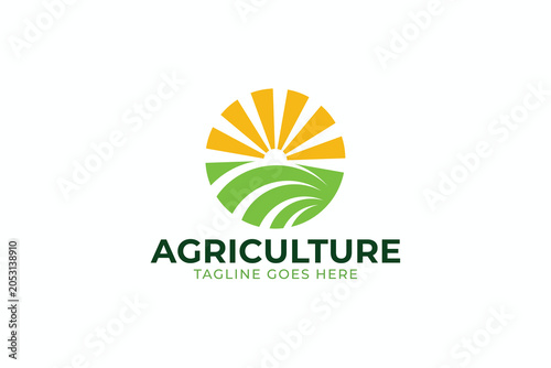 Modern Green Agriculture Terrace Farming Logo Design with Rising Sun Circle Vector Template