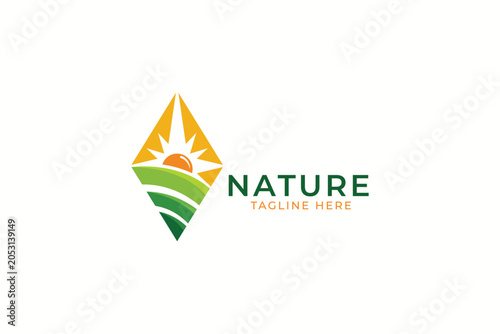 Modern Nature Farm Sunrise Logo Design with Diamond Shape Agriculture Field Vector Template