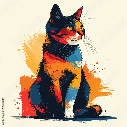 Abstract watercolor painting of a calico cat sitting.