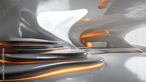 A futuristic design with glowing edges in shades of silver and gray.
