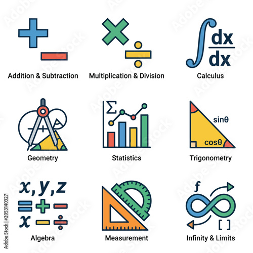 Collection of Math Symbols and Concepts Icons.