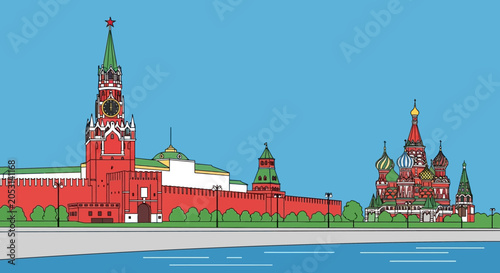 Canvas Print Moscow Kremlin and Saint Basil's Cathedral Skyline, Russia - Vector Illustration