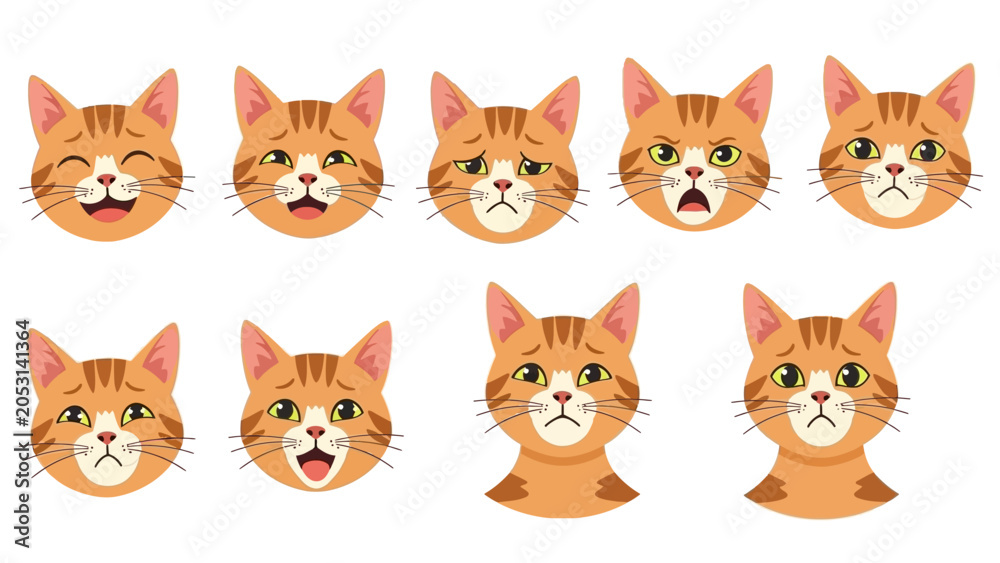 Fototapeta premium Set of cute ginger cat heads with various facial expressions and emotions.