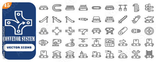 Set of 46 outline icons related to conveyor. Linear icon collection. Editable stroke. Vector illustration.