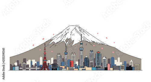 Tokyo Skyline with Mount Fuji Illustration - Cherry Blossoms
