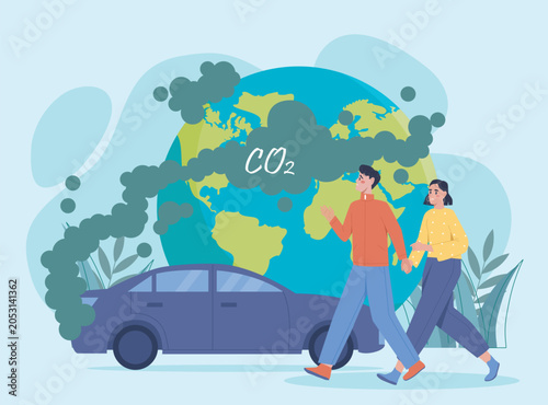 Fotografía Car Emissions and Earth Impact. Vector illustration