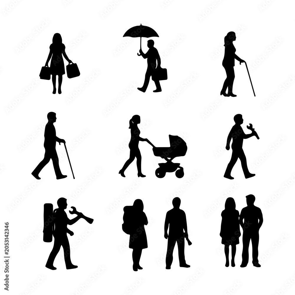 Fototapeta premium Diverse people silhouettes performing daily activities set