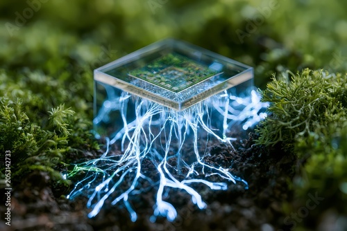 Transparent Glass Microchip with Glowing Blue Light Roots Growing into Moss and Dark Soil, Green Technology Concept