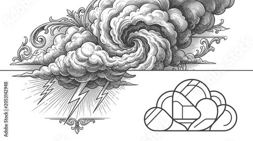 Foto Stormy Sky Illustration with Decorative Elements and Geometric Cloud Icon