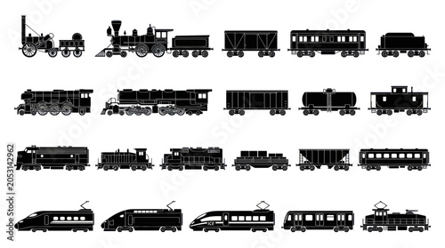 Schilderij op canvas Vintage and Modern Train Collection, Silhouette Set