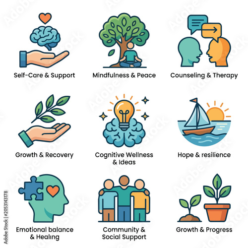 Mental Health and Wellness Icons Set.