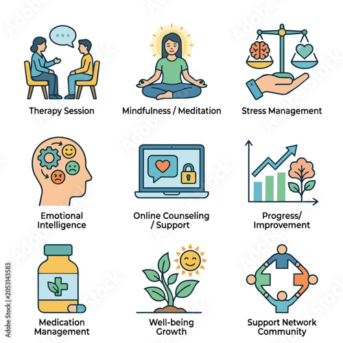 Mental Health and Well-being Concepts Icons Set.