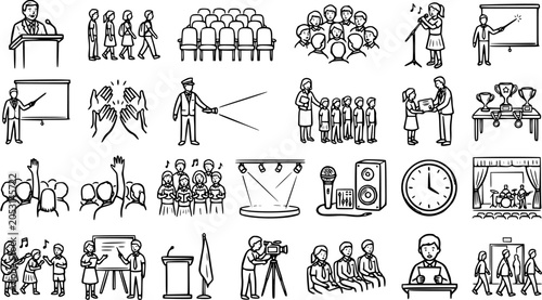 Foto Black  White Line Art Icons: Public Speaking, Education, Business, and Event Col