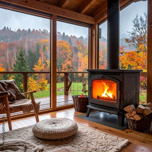 Cozy autumn patio with outdoor fireplace and seating.