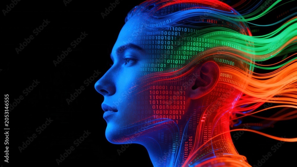 Obraz premium Human head with colorful binary data