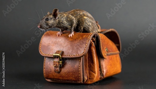 Mouse on Leather Satchel Bag Studio Shot.