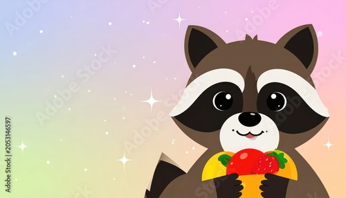 Cartoon Raccoon Eating Taco with Colorful Background.