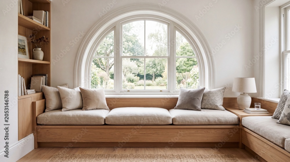 Fototapeta premium Modern living room interior with large arched window and neutral toned sectional sofa
