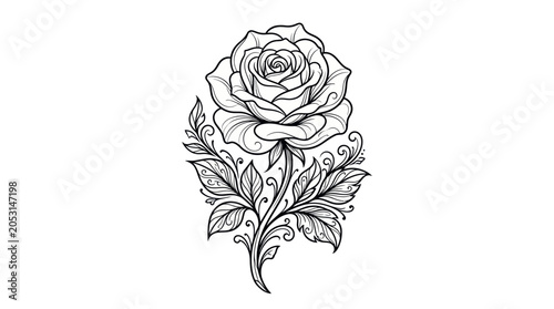 Tableau sur toile Elegant Rose Tattoo Design, Black Ink Floral Illustration