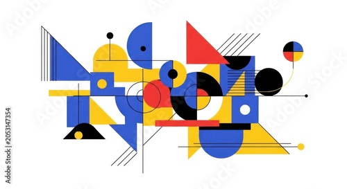 A colorful abstract geometric pattern with blue, yellow, red, and black shapes and lines on a white background.