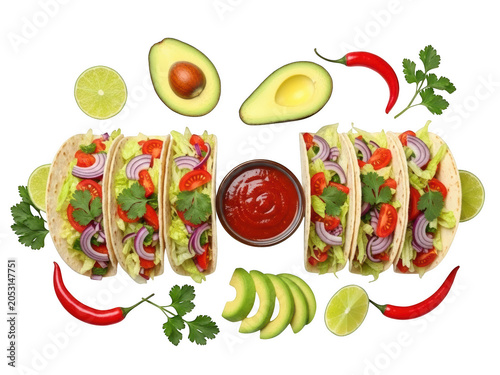 Tacos with vegetables and sauce and avocado slices transparent background