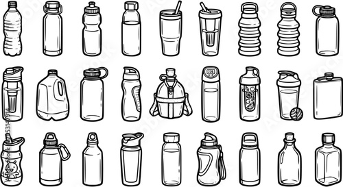 Foto Collection of diverse water and drink bottles in black and white line art vector style, perfect for lifestyle, health, fitness, and hydration concepts