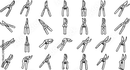 Bild auf Leinwand Black and White Line Art of Assorted Garden Pruning Shears and Clippers