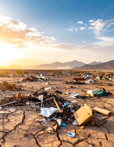Desert landscape with off-road vehicle and camping gear.