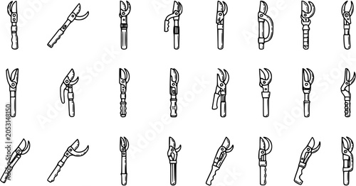 Foto Black and White Line Art Icons of Various Garden Pruning Shears and Loppers
