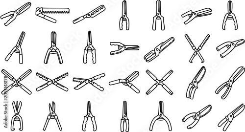 Konstfotografi Black and White Line Art Illustration of Various Garden Pruning Shears and Tools