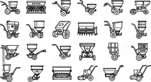Foto Black and White Line Art Icons of Fertilizer Spreaders and Seeders for Agricultu