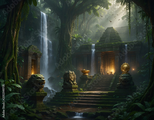 An ancient temple ruin hidden deep within a lush jungle environment with waterfalls and mysterious architecture.
