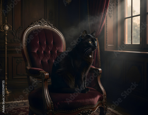 A black cat sits on a red velvet armchair in a dimly lit, vintage room. Dramatic sunlight streams through a window, illuminating the scene.