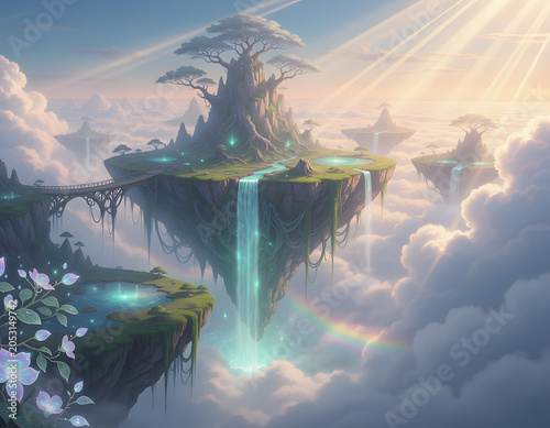 A digital illustration of mystical floating islands with cascading waterfalls and a large ancient tree, set against a cloudy sky illuminated by bright sunbeams.