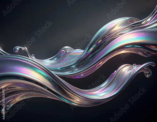 An abstract 3D render of flowing, iridescent metallic waves with a pearlescent sheen against a dark background.