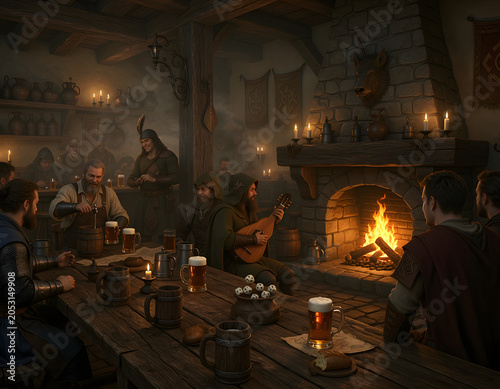 A cozy medieval tavern interior featuring patrons gathering around wooden tables near a warm stone fireplace while a bard plays a lute.