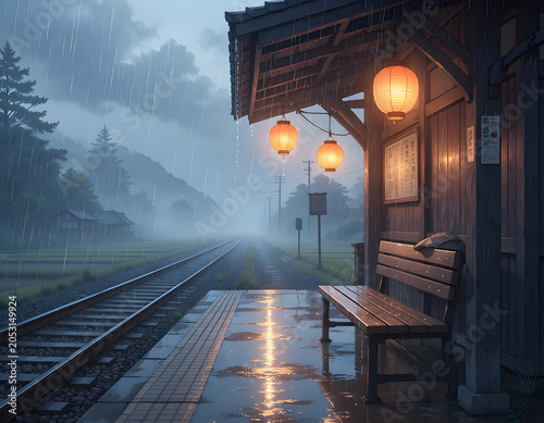 A wet, empty train station platform in Japan during a rainy evening, illuminated by glowing orange lanterns.