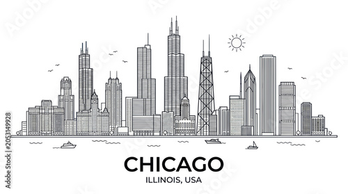 Chicago Skyline Sketch - Famous Buildings, Cityscape Illustration, Urban Landmark