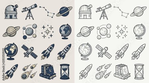 Photos Collection of hand-drawn icons representing space exploration, astronomy, and scientific discovery, including planets, rockets, telescopes, and globes