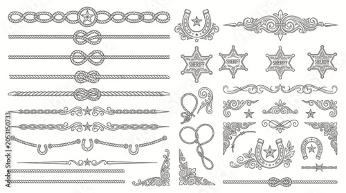 Western Design Elements: Rope Borders, Horseshoes, Sheriff Badges, Flourishes