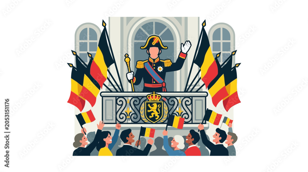 Obraz premium Belgian King Waving to Crowd With Flags, Royal Celebration Illustration
