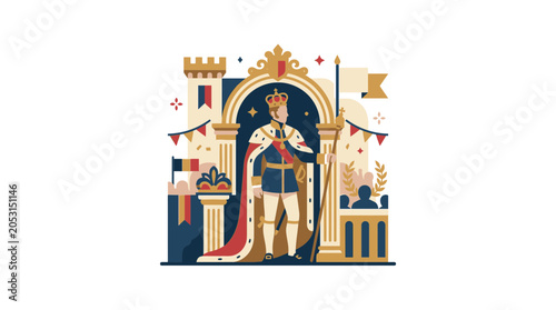 Tableau sur toile Royal King Standing in Castle Archway with Crown and Scepter, Regal Portrait