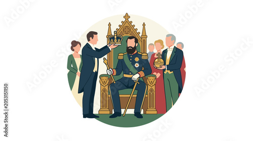 Fotografie Royal Coronation Ceremony: King on Throne Receives Crown from Advisor